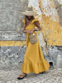 Vestido largo elegante con mangas de vuelo de diseño amplio, de unicolor, cómodo y casual, para vacaciones y días festivos para mujeres