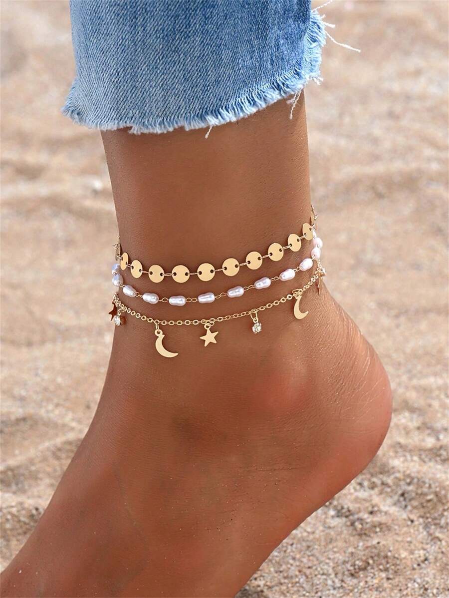 3pcs/Set Elegant Personalized Faux Pearl, Moon, Star Zirconia Stone Tassel Anklet, Suitable For Beach, Vacation, Travel, Gift For Family And Friends