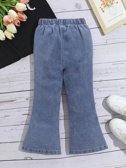 Young Girl' Fashionable Flared Jeans, Faux Pearl & Bow Decor Slit Hem Cropped Flared Pants, New Arrival