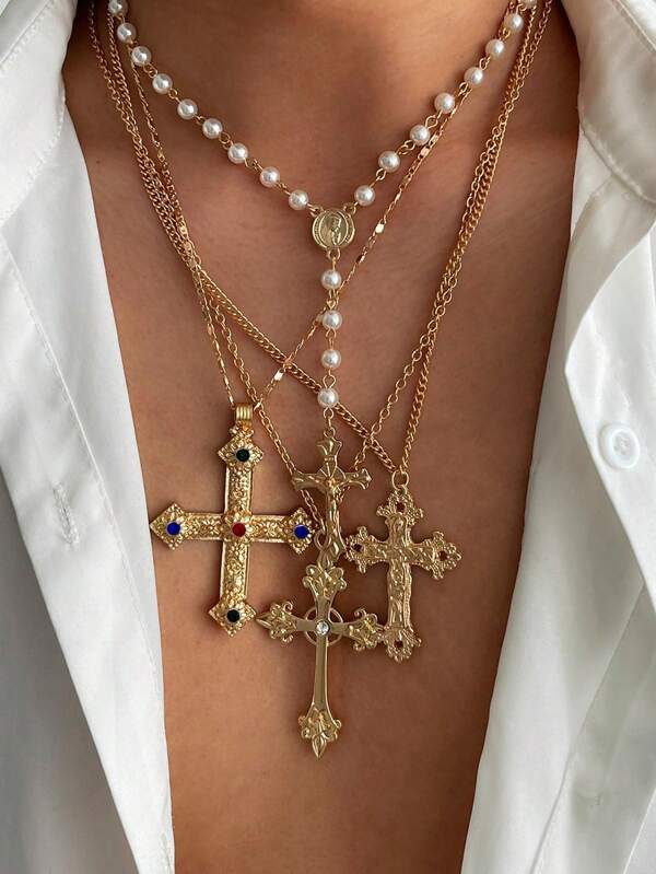 4pcs/Set Rhinestone Crucifix Pendant Necklace, Punk Hip-Hop Splicing Sweater Chain, Stylish Streetwear Jewelry For Men And Women, 2025 Spring/Summer Accessory Gift