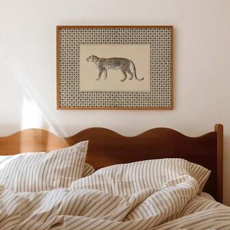 1 幅带框/无框复古动物豹纹横向墙面艺术帆布海报印刷简约波西米亚风格仿古图案复古画，适用于宿舍、客厅、公寓、卧室、现代家居装饰