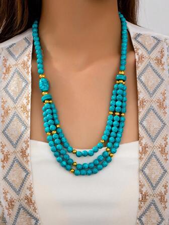 1pc/Set Bohemian Retro Style Imitation Turquoise Asymmetrical Beaded Women's Necklace