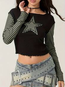 Women T-Shirt Long Sleeve Crew Neck Star Stripes Slim Fit Ladies Tops For Casual Daily