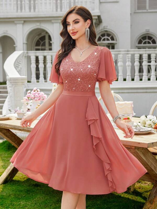 MIUSOL V-Neck Lace Sequin Insert Chiffon Ruffle Cocktail Party Swing Dress Elegant Prom Semi Formal Wedding Guest Dress, For Birthday, Graduation, Homecoming
