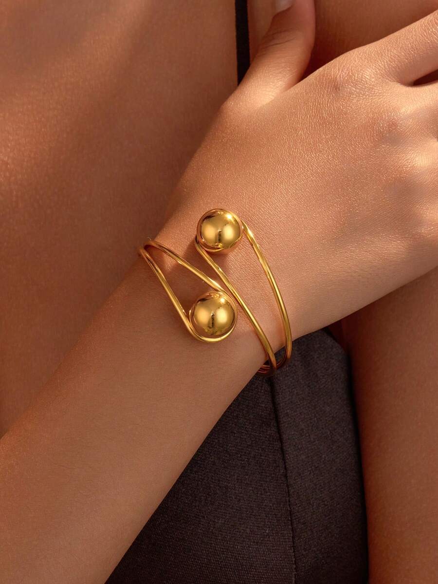 1pc Premium Simple Luxury Women Bangle, Women Jewelry Accessory Open Cuff Bracelet, High-End Brand Same Style Effect, Suitable For Wedding, Banquet, Daily Wear, Mother Day Gift - Gold - View 1