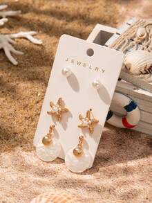 3pairs Golden Color Sea Shell & Starfish Earrings Set, Beach Jewelry For Summer Vacation - Multicolor - View 3
