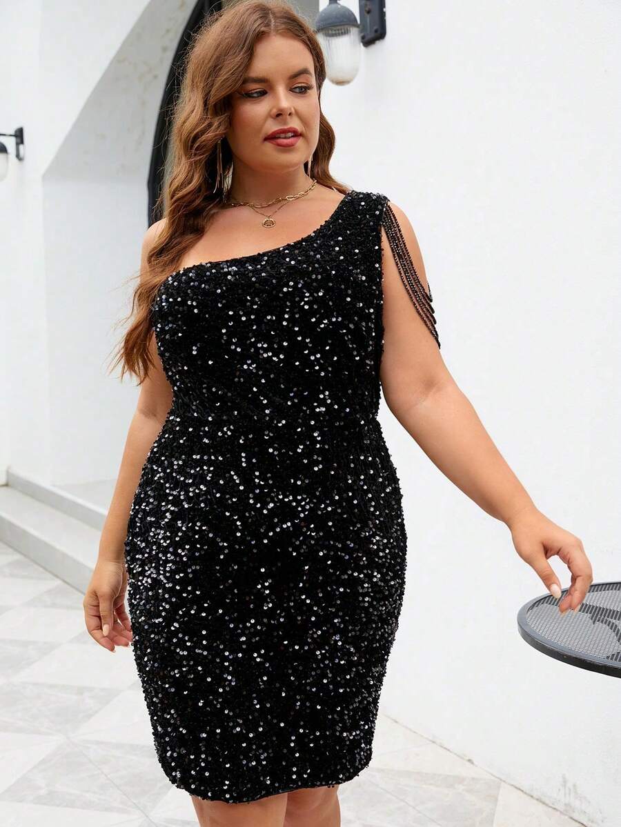 女式闪亮亮片拼布扭纹前拉链派对连衣裙 - 黑色 - 查看 1