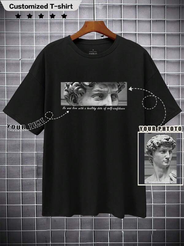 Customized Men's T-Shirt With Your Photo/Image/Text, Personalized Design, Crew Neck Short Sleeve Black Tee, Great Gift For Holidays, Valentine's Day, Birthday, Anniversary, Spring/Summer