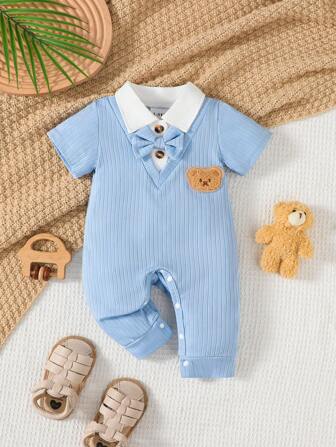 Newborn Baby Boy Gentleman Style Polo Collar Splicing Short Sleeve Jumpsuit Suitable For 0-18 Months Cute Baby Boys