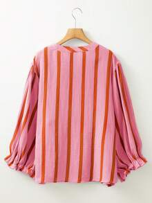 Spring/Summer Women's Casual Striped V-Neck Loose Shirt With Ruffle Sleeve Hem, Retro Minimalist Style, Suitable For Vacation, Commute, And Daily Wear - Pink - View 3
