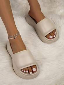 luofu 新款夏季女士休闲简约厚底纯色凉鞋，时尚户外沙滩派对高跟拖鞋 - 卡其色 - 查看 5