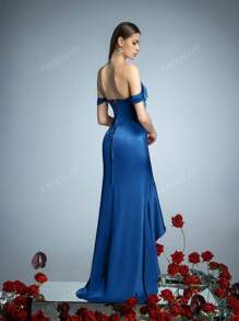 Faeriesty Off Shoulder Elegance With Backless Tie-Belt Shimmering Satin Ruffle Trim High-Slit Hem Perfect For Summer Weddings, Galas, And Formal Events Summer Dresses Spring Clothes, Party Dress, Gown, For Evening, Wedding Guest