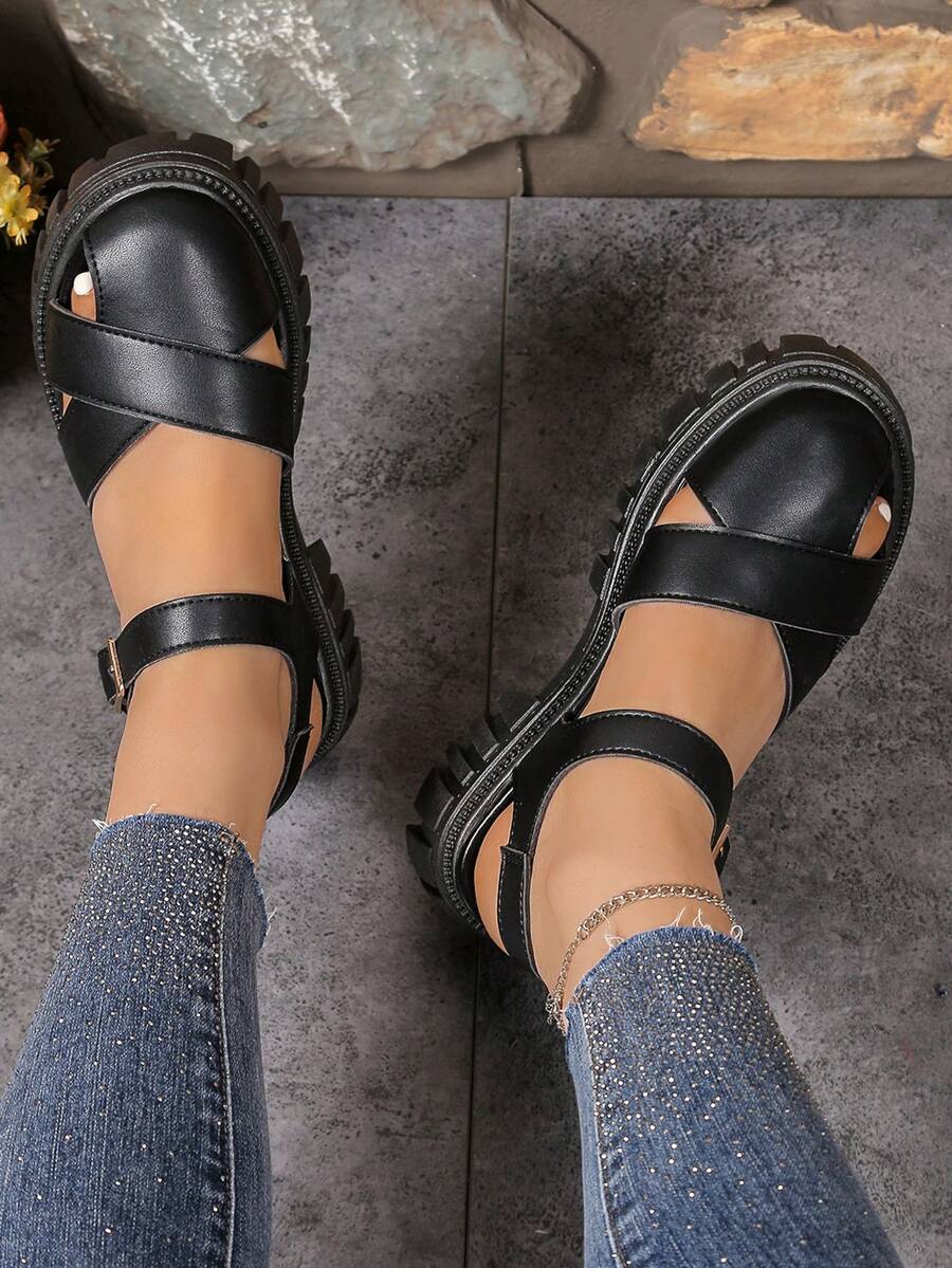 Women's Casual Hollow-Out Platform Wedge Sandals - Black - View 1