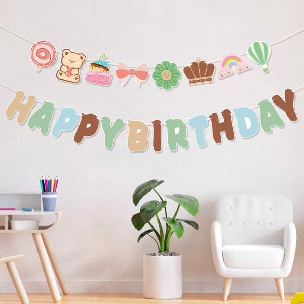 1pc Cute Happy Birthday Pennant Garland Set, Includes Vintage Bear, Candy, Cake, Bow, Rainbow And Other Decorative Elements For Birthday Party Decorations - Pennant Banner, Garland, Hanging Flags