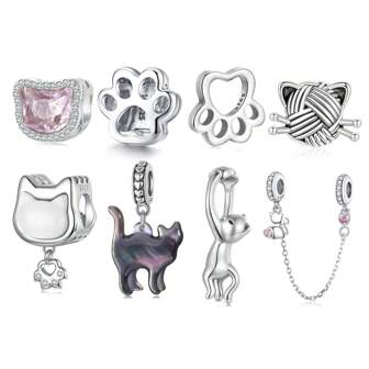 1 件 925 纯银宠物猫吊坠猫爪珠饰物适用于基本款手链 DIY 制作配饰适合女性宠物爱好者