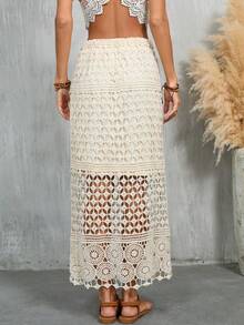 Saia Longa Boho de Crochê e Renda Feminina - Saia de Praia com Cintura Alta em Formato A, Design Vazado em Camadas, Saia Fluida de Verão para Férias, Casual, Festa - Damasco - Visão 6