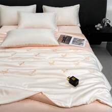 1-delige luxe zomerquiltset - zachte polyestervezel, wit perzikkleurig vlinderborduurwerk, perfecte zomernacht, zomerquilt | elegant beddengoed | gladde textuur