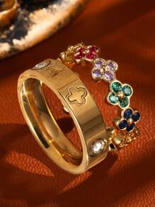 2 Stück Edelstahl mit 18 Karat Vergoldung Kleeblatt Ringe, eleganter Damen Armreif Schmuck, geeignet für den täglichen Gebrauch und als Geschenk