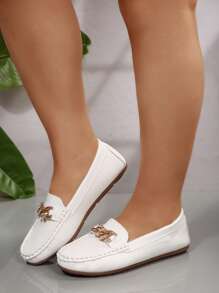 Mocasines casuales de primavera de amplia cabida para mujer con cadena y decoración de strass, bailarinas de piel suave blanca