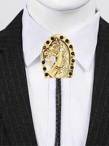 1pc Adjustable Leather Long-Horned Bull Head & Horse Horseshoe Country Party Bolo Tie, Cowboy Western Style Shirt Collar Accessory, Unisex Casual Party Wedding Groomsman Gift Leather Cord Necklace Pendant