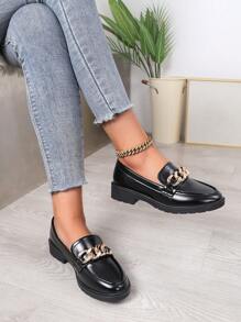 1 par de mocasines planos de cadena de metal de unicolor, estilo colegial, apropiados para la oficina en todas las estaciones