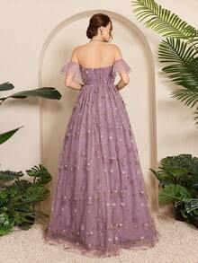 1pc Off-Shoulder Lace Ruffles Wedding Dress With Embroidery & Tie Decoration - Dusty Purple - View 2