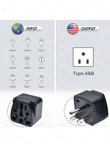 2 US Travel Plug Adapter, EU, Australia, UK, New Zealand, China, USA (Type B), Grounded 3-Prong US Wall Plug, EU To US Travel Adapter And Converter, Power Socket Charger Black