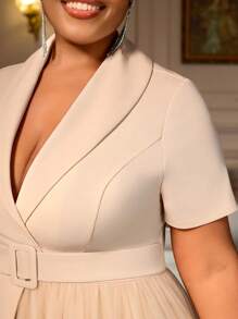 Khaki Turn-Down Collar Short Sleeve Peplum Patchwork Mesh A-Line Dress Business Party