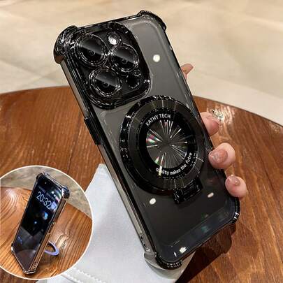 这款奢华电镀透明黑色手机壳带支架，防震防刮，采用柔软硅胶材质，兼容 16/16E/16 Pro/16 Pro Max/16 Plus/15/14/13/12/11/X/XS/XR/8/7，兼容 Galaxy S25/S24/S23/S22/S21/A55/A54/A53/A52/A35/A34/A23/A16/A15/A14/A13/A12/A05S/FE/Ultra/4G/5G，以及 Redmi、Honor、MOTO、OPPO、Infinix 等品牌手机。