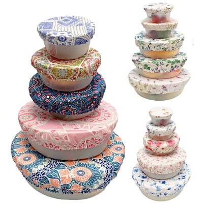 5 peças de capas de tigela reutilizáveis em 5 tamanhos de tecido elástico, capas de tigela, capas elásticas para armazenamento de alimentos, capas de pratos, recipientes de armazenamento de cozinha, tampas para alimentos, frutas e sobras