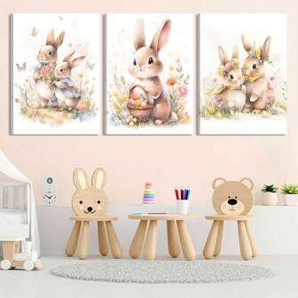 Juego de 3 cuadros de arte de pared de lienzo con conejos de Pascua para guardería, impresiones de carteles con conejos de acuarela, flores y plantas, adecuado para la sala de estar, baño, dormitorio, hotel, B&B, apartamento, villa, galería, habitación de niños, guardería, jardín de infantes, aula, estudio, decoración de la oficina en casa, listo para colgar