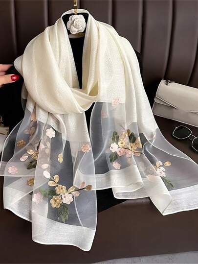 1 pieza Pañuelo de seda con bordado floral de estilo bohemio elegante, chal informal de negocios, adecuado para uso diario