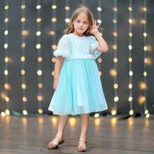Girls Summer Dress Sequin Embellished Tulle Skirt Ruffled Sleeve Princess Style