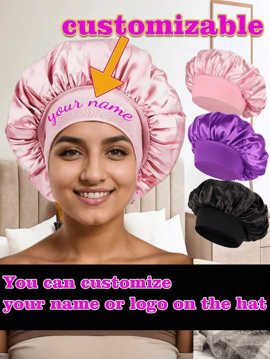 Individuelle Seiden-Schlafmütze, kann mit Name oder Logo bedruckt werden, mit locker sitzendem Gummibund, Nachthaube für Frauen, geeignet für alle Haartypen