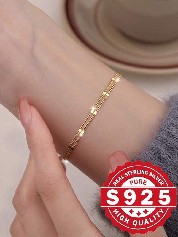 1 Set Of 2 Elegant 925 Sterling Silver Double Layer Bracelet, Silver/Gold/Rose Gold Colors, Layered Bracelets, Suitable For Daily Wear And Vacation, Minimalist Unique Design, Hypoallergenic, Great For Valentine's Day, Birthday Gift, Comes With Exquisite Gift Box