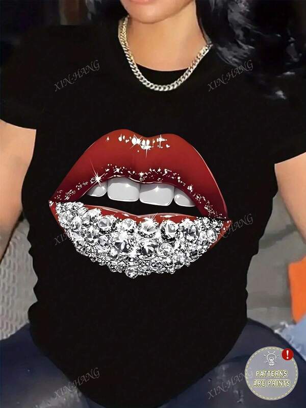 Sexy zomer T-shirt met rode ruitenlippen en print voor dames
