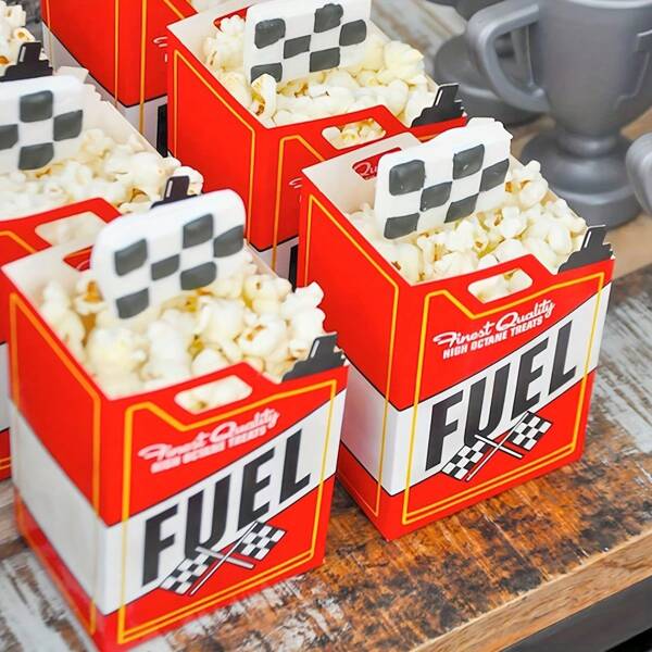 1 Set Of 5pcs Racing Car Popcorn Boxes, Comes With Flag, Gas Tank Shaped Candy Snack Box, Black & White Checkered Flag Party Supplies