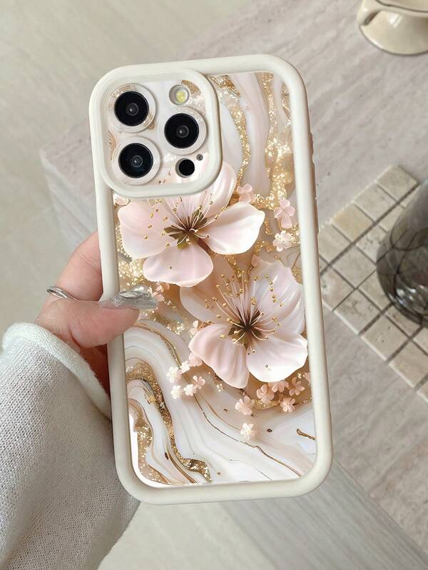 1pc Marble Floral Pattern Phone Case With Camera Protection Shockproof Design, Compatible With Apple 11 Pro Max/12 Pro Max/13 Pro Max/14 Pro Max/15 Pro Max, 16 Plus/16 Pro Max, 16E, Galaxy A55/A15/S24 Ultra, Redmi, OPPO/Realme, VIVO, Infinix, Honor, MOTO, OnePlus