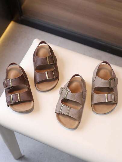 1 Pair Toddlers Soft Bottom Non-Slip Open Toe Hook And Loop Flat Sandals, Retro Fashion Outdoor Sports Beach Shoes, Suitable For Summer