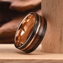 1pc 8mm/6mm Rose Gold & Black Flat Matte Tungsten Carbide Ring With Wood Grain Groove, Wedding Band, Scratch-Resistant, Polished, Comfortable Fit - Multicolor - View 5