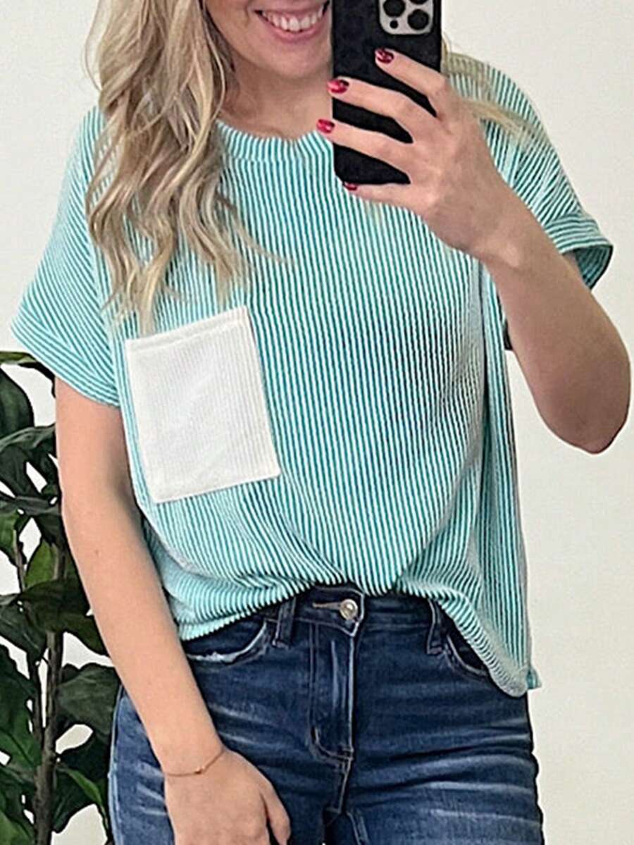 Light Blue Corded Knit Color Block Pocketed Crew Neck T Shirt Summer Tops - Baby Blue - View 1