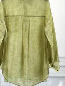 Printed Lapel Single-Breasted Loose Long Sleeve Women Blouse - Green - View 3
