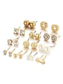 Metal Pearl Heart Bowknot Rhinestone Four-Leaf Flower Earring Set 30 Pairs - Yellow Gold - View 6