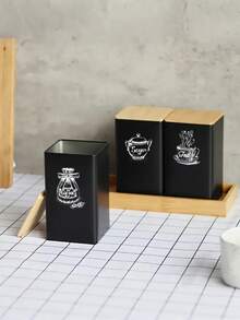 1/3pcs-Customized Wedding Coffee, Sugar, And Tea Sealed Storage Cans, Bamboo Lid Tin Boxes, Personalized Father's Day Gift Bamboo Lid Kitchen Set Cans, Iron Lid Tin Square Tea Cans, Kitchen Storage Utensils, 3 Piecescombination With Trays