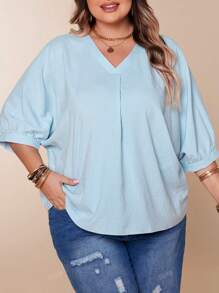 Plus Size Women Elegant Minimalist Solid Color V-Neck Batwing Sleeve Soft Blue Summer Top