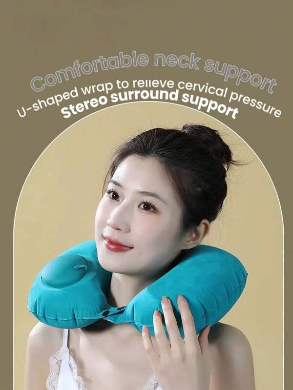 1pc Press Inflatable U-Shaped Travel Neck Pillow, Foldable Flocked Outdoor Travel U-Pillow, Portable Breathable Neck Support Cushion For Airplane, Train, Car Sleeping