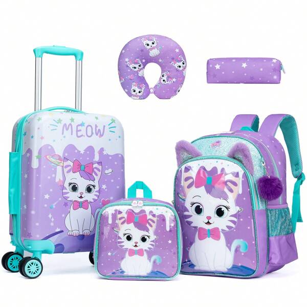 5PCS Cute Kid'S Luggage Set 5 Piece Suitcase Set 16inch Hardside Luggage With Spinner Wheels Girls  Carry On Toddler Luggage Travel Rolling Luggage Carry On Luggage Airline Approved