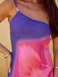 Women Flower One Shoulder Dress Slim Beaded Slash Neck Sleeveless Open Back Long Bodycon Dress For Party Club - 藍色 - 查看 5