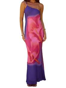 Women Flower One Shoulder Dress Slim Beaded Slash Neck Sleeveless Open Back Long Bodycon Dress For Party Club - 藍色 - 查看 7