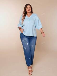Plus Size Women Elegant Minimalist Solid Color V-Neck Batwing Sleeve Soft Blue Summer Top